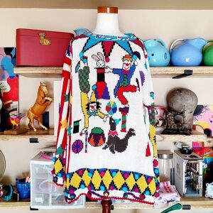 VNTG 80s Truly OOAK Amazonians Hand Knit Circus Clown Sweater Kitschy Tacky Sz L